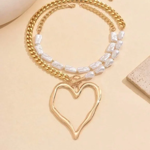 Gold and White Heart Pendant Necklace - Picture 2 of 4